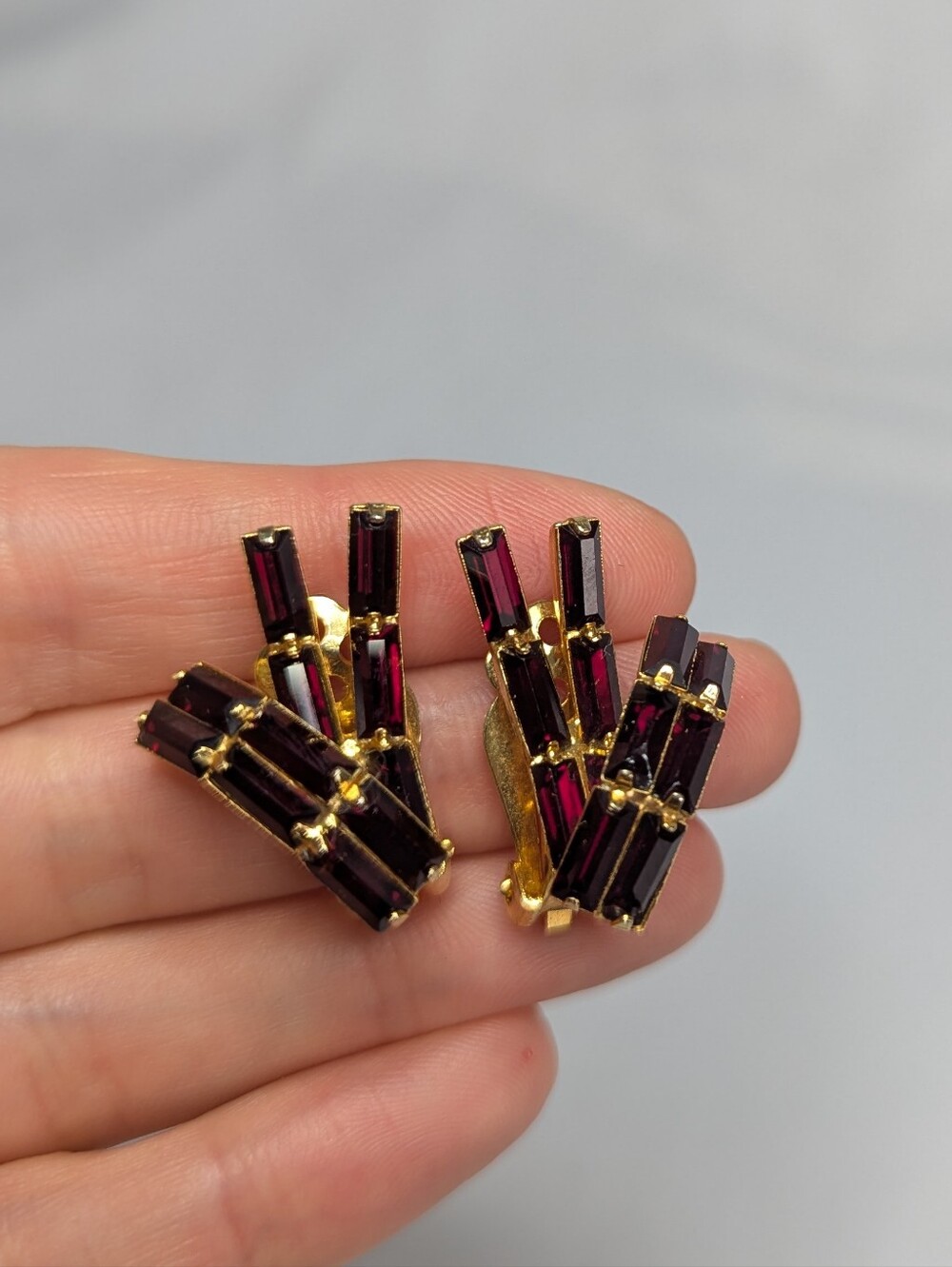 Gold-Tone Clip-On Earrings with Deep Garnet Glass Baguette Stones